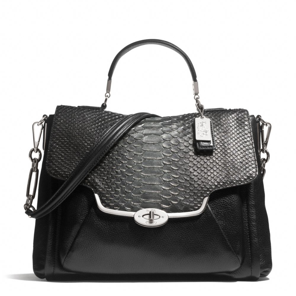 COACH MADISON GLITTER PYTHON SADIE FLAP SATCHEL - SILVER/BLACK - F26338