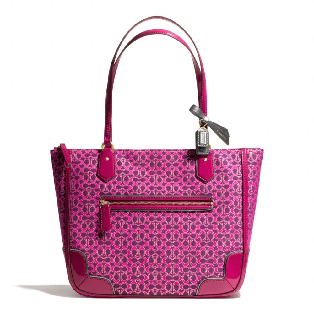 POPPY SMALL TOTE IN METALLIC SIGNATURE - COACH F26414 -  BRASS/MAGENTA/MAGENTA