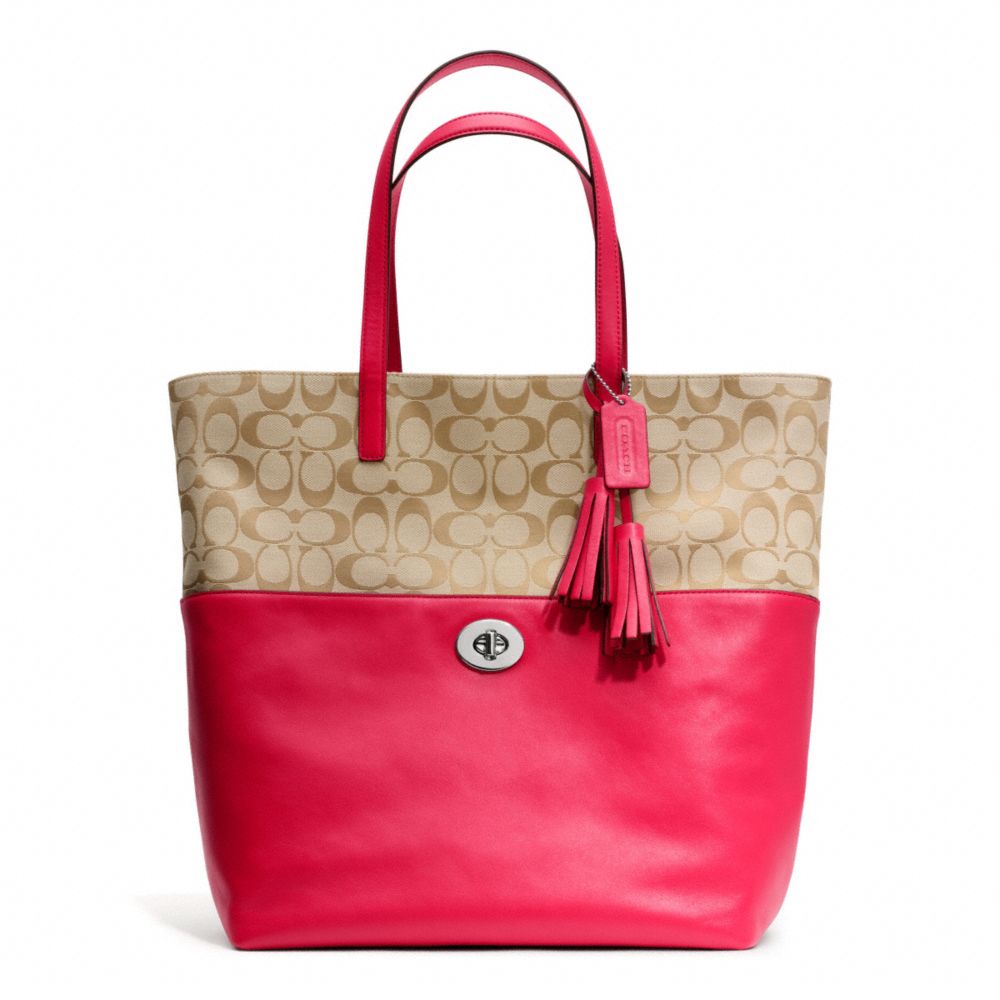 TURNLOCK TOTE IN SIGNATURE FABRIC - COACH f26476 - SILVER/LT KHAKI/PINK SCARLET