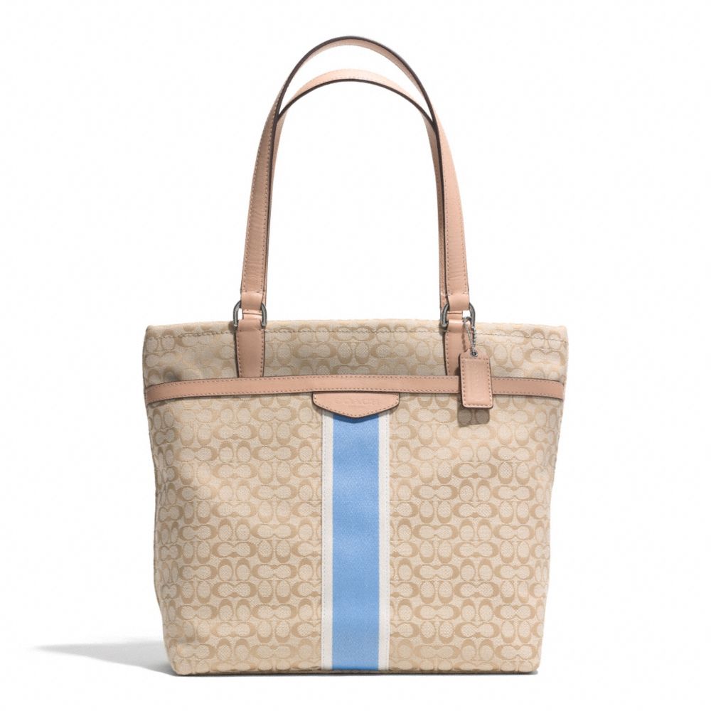 SIGNATURE STRIPE 6CM TOTE - COACH F27008 - SILVER/LIGHT KHAKI/CORNFLOWER