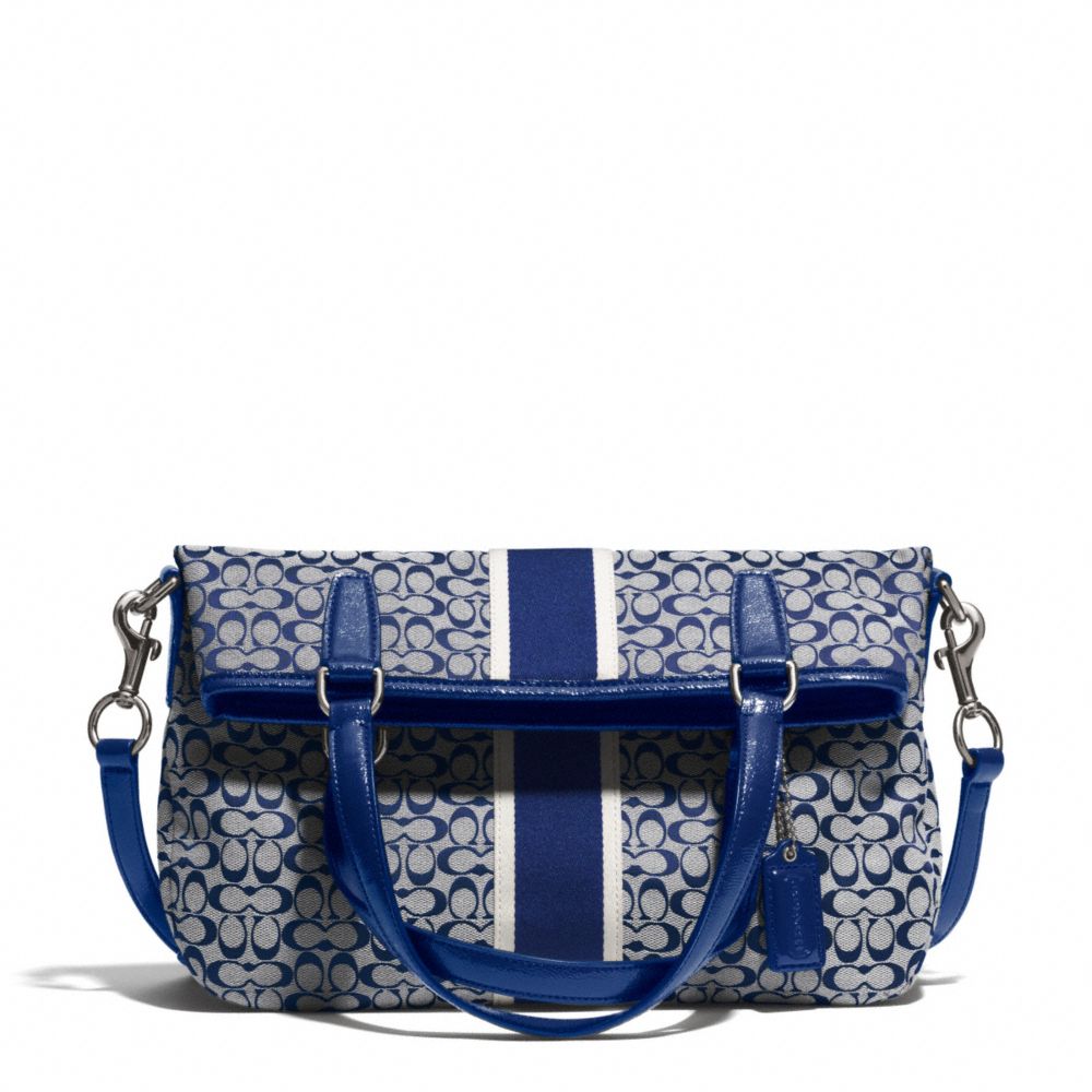 SIGNATURE STRIPE 6CM FOLDOVER CROSSBODY - COACH F27024 - SILVER/NAVY/NAVY