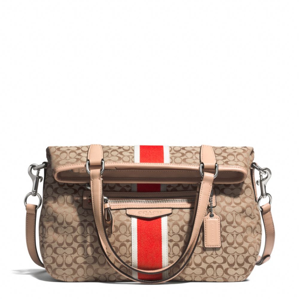 COACH SIGNATURE STRIPE 6CM FOLDOVER CROSSBODY - SILVER/KHAKI/HOT ORANGE - F27024