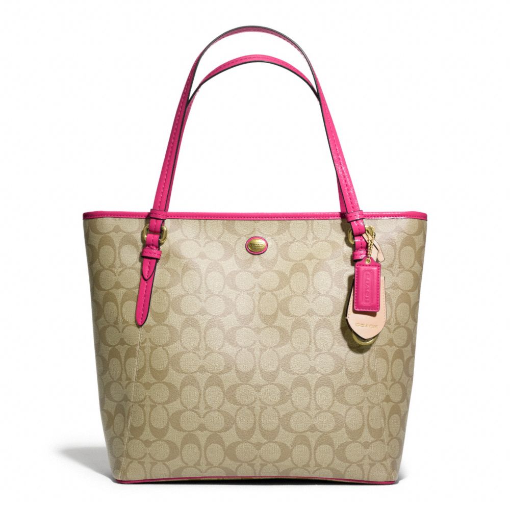 COACH PEYTON ZIP TOP TOTE IN SIGNATURE FABRIC - BRASS/LT KHAKI/POMEGRANATE - F27348