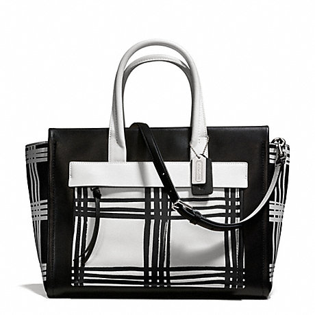 COACH BLEECKER PLAID PAINTED LEATHER LARGE RILEY CARRYALL - SILVER/BLACK MULTI - f27992