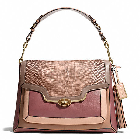 COACH MADISON PINNACLE COLORBLOCK EXOTIC LEATHER LARGE SHOULDER FLAP - LIGHT GOLD/BROWN/ROUGE - f28167