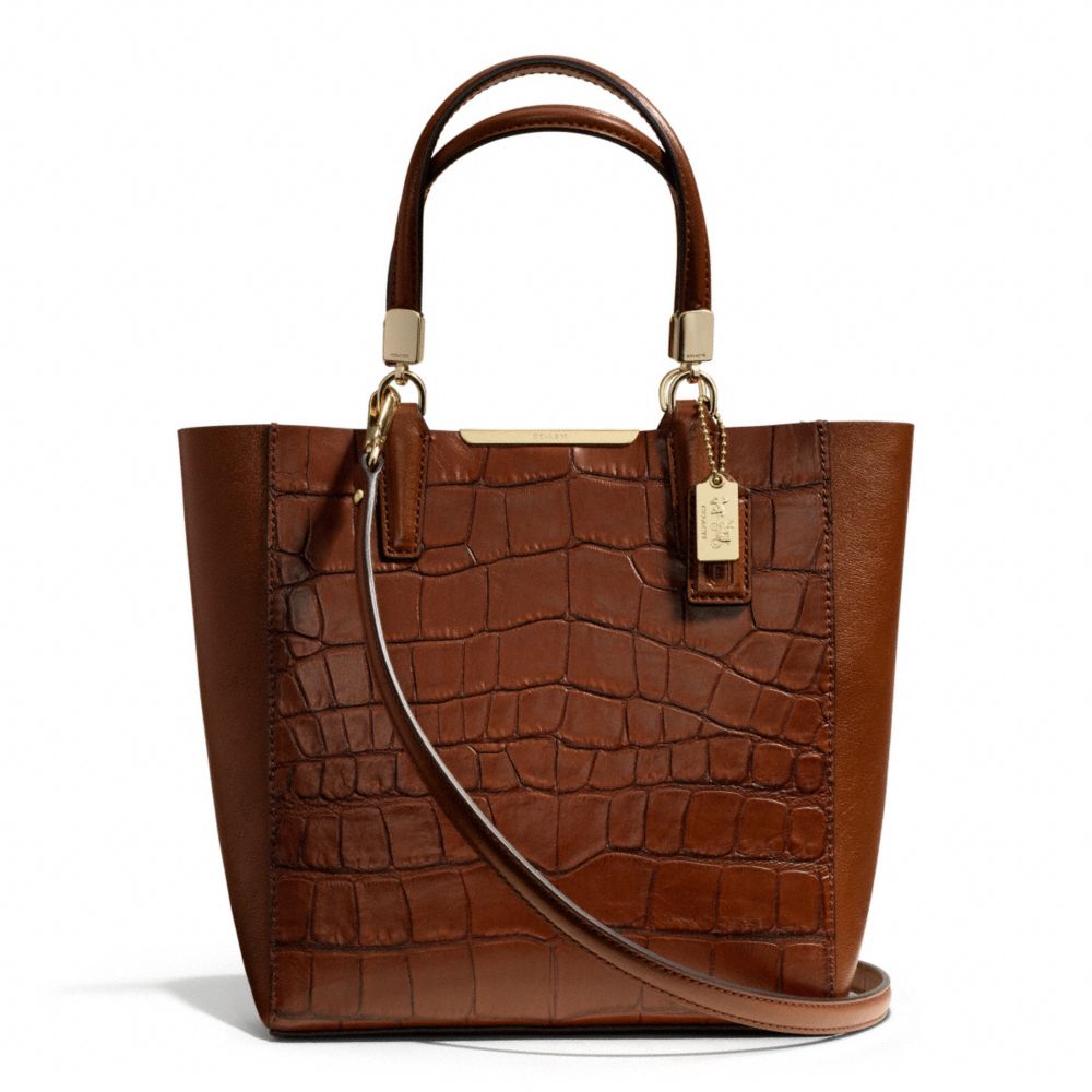 COACH MADISON CROC EMBOSSED MINI NORTH/SOUTH BONDED TOTE - LIGHT GOLD/COGNAC - F28291