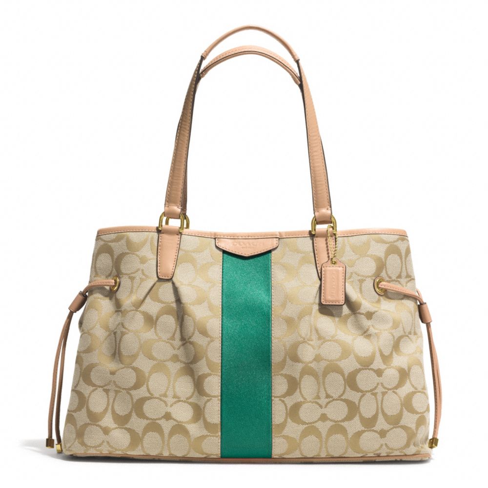 SIGNATURE STRIPE DRAWSTRING CARRYALL - COACH f28501 - BRASS/KHAKI/EMERALD