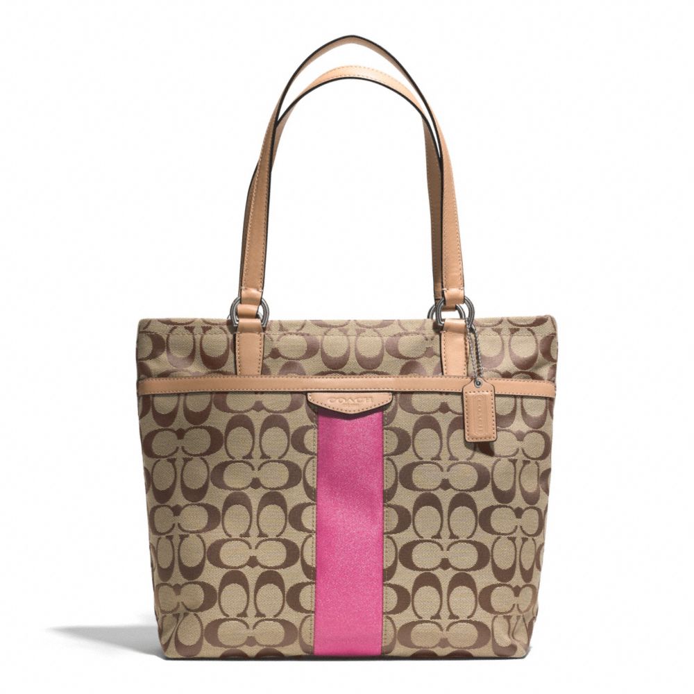 COACH SIGNATURE STRIPE 12CM TOTE - SILVER/KHAKI/PINK - F28504