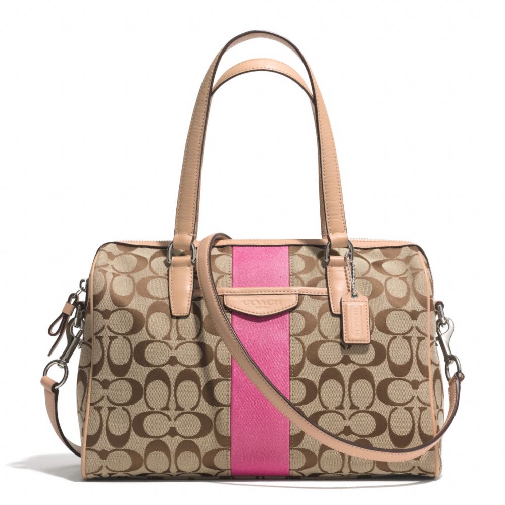 SIGNATURE STRIPE 12CM NANCY SATCHEL - COACH f28505 - SILVER/KHAKI/PINK