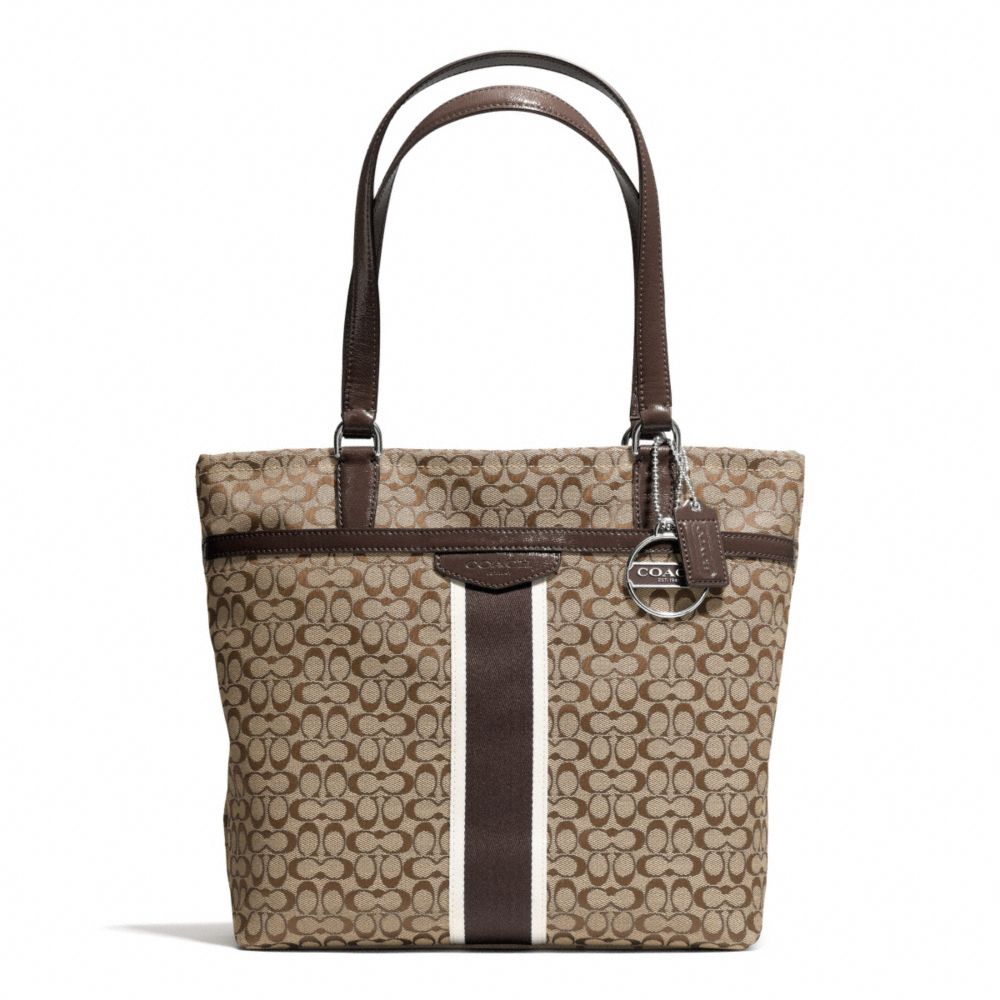 COACH SIGNATURE STRIPE 6CM TOTE - SILVER/KHAKI/MAHOGANY - F28625