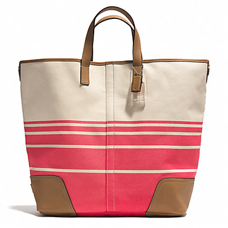 COACH HADLEY VARIEGATED STRIPED LARGE DUFFLE - SILVER/CORAL - f28806