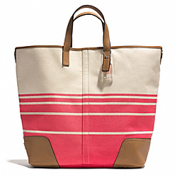 COACH HADLEY VARIEGATED STRIPED LARGE DUFFLE - SILVER/CORAL - F28806