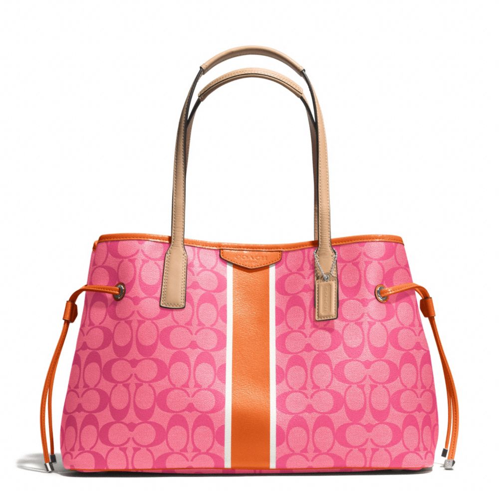 SIGNATURE STRIPE DRAWSTRING CARRYALL - COACH f29064 - SILVER/PINK/ORANGE