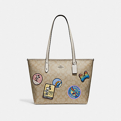 COACH CITY ZIP TOTE IN SIGNATURE CANVAS WITH MINNIE MOUSE PATCHES - SILVER/LIGHT KHAKI/CHALK - f29358