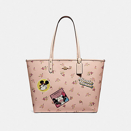 COACH REVERSIBLE CITY ZIP TOTE WITH FLORAL MIX PRINT AND MINNIE MOUSE PATCHES - VINTAGE PINK MULTI/LIGHT GOLD - f29359