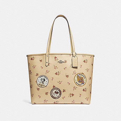 COACH REVERSIBLE CITY ZIP TOTE WITH FLORAL MIX PRINT AND MINNIE MOUSE PATCHES - vanilla multi/silver - f29359