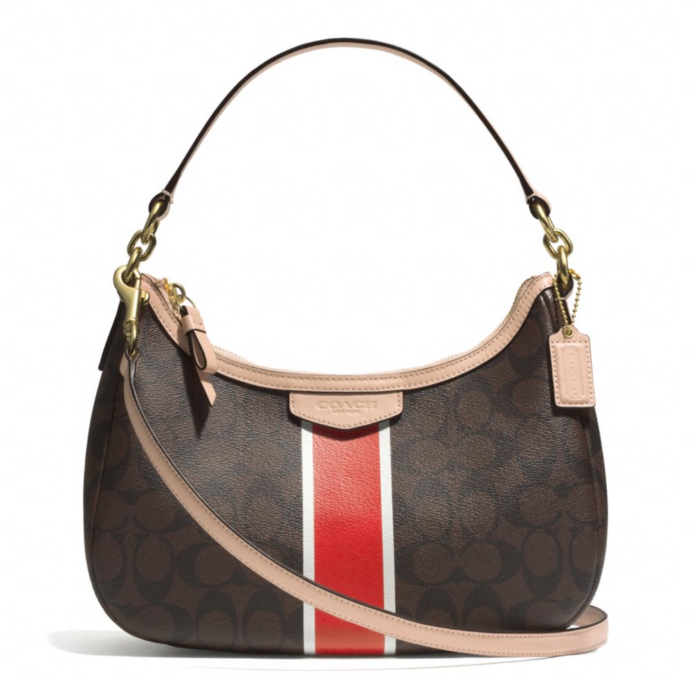 COACH SIGNATURE STRIPE DEMI CROSSBODY - BRASS/BROWN/VERMILLION - F29942