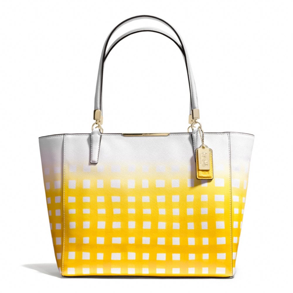 COACH MADISON GINGHAM SAFFIANO EAST/WEST TOTE - LIGHT GOLD/WHITE/SUNGLOW - F30118