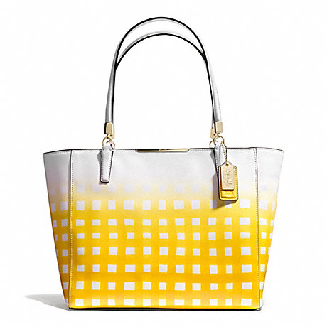 COACH MADISON GINGHAM SAFFIANO EAST/WEST TOTE - LIGHT GOLD/WHITE/SUNGLOW - f30118
