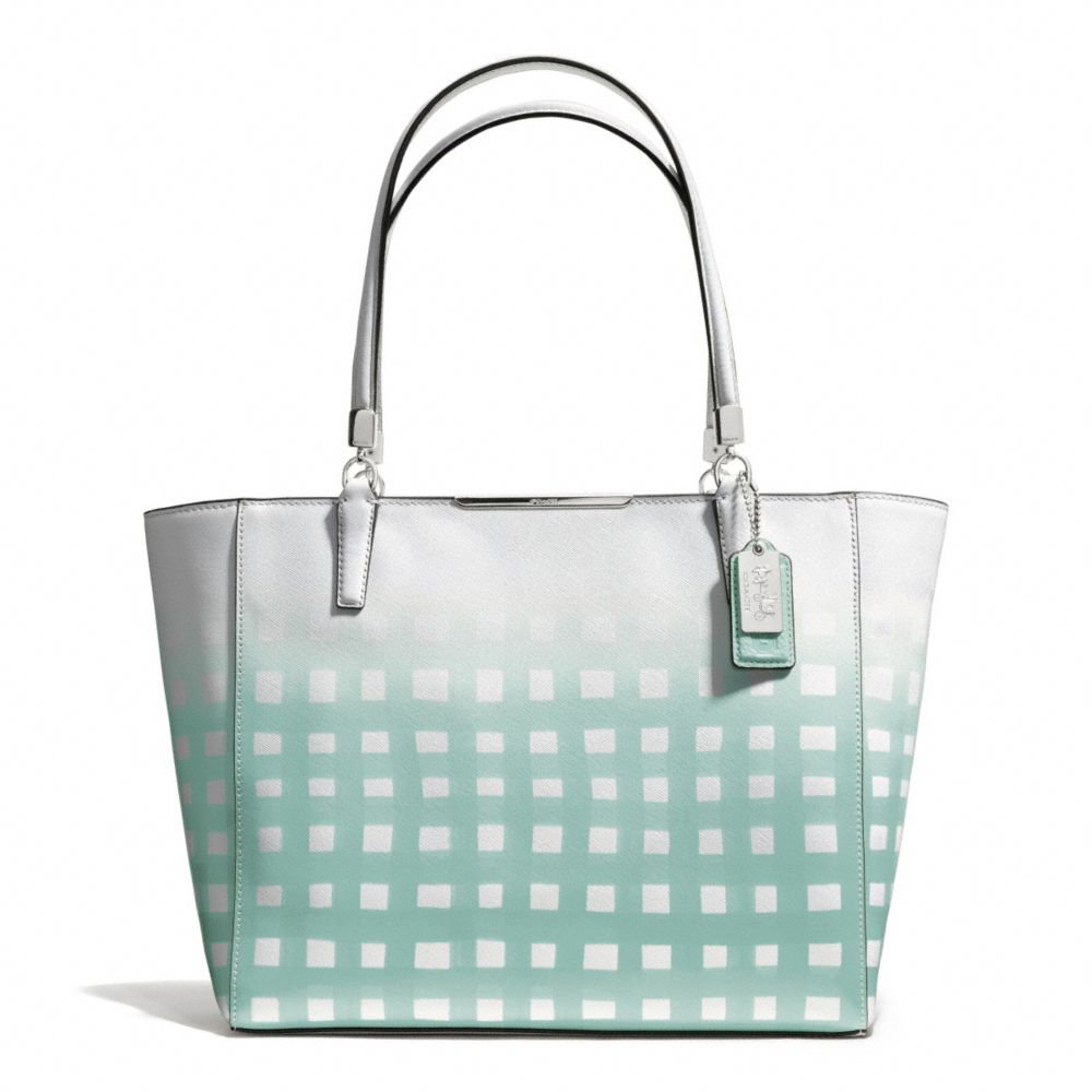 MADISON GINGHAM SAFFIANO EAST/WEST TOTE - COACH f30118 - SILVER/WHITE/DUCK EGG