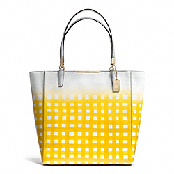 COACH MADISON GINGHAM SAFFIANO NORTH/SOUTH TOTE - LIGHT GOLD/WHITE/SUNGLOW - F30120