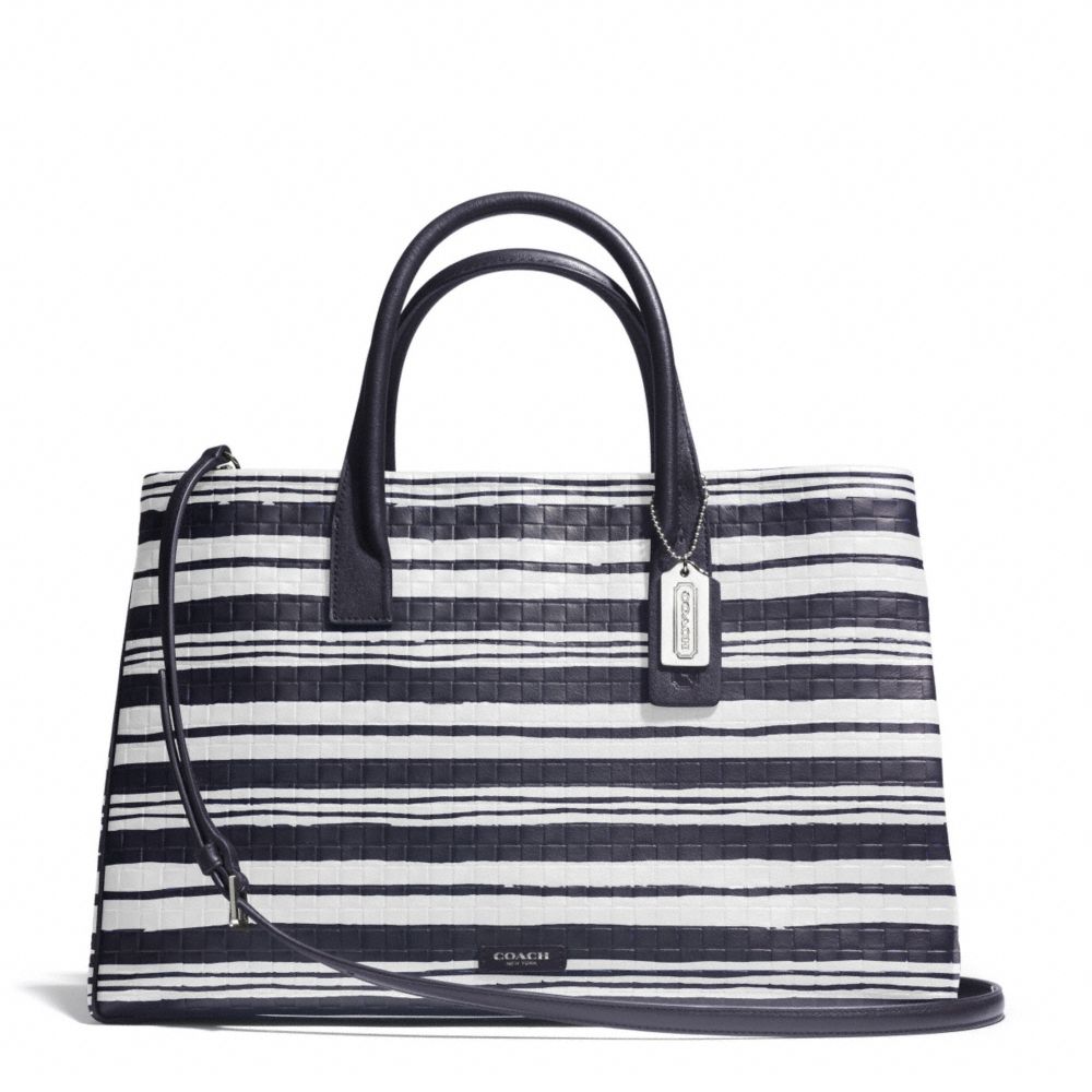 BLEECKER STUDIO TOTE IN EMBOSSED WOVEN LEATHER - COACH f30181 -  SILVER/WHITE/ULTRA NAVY