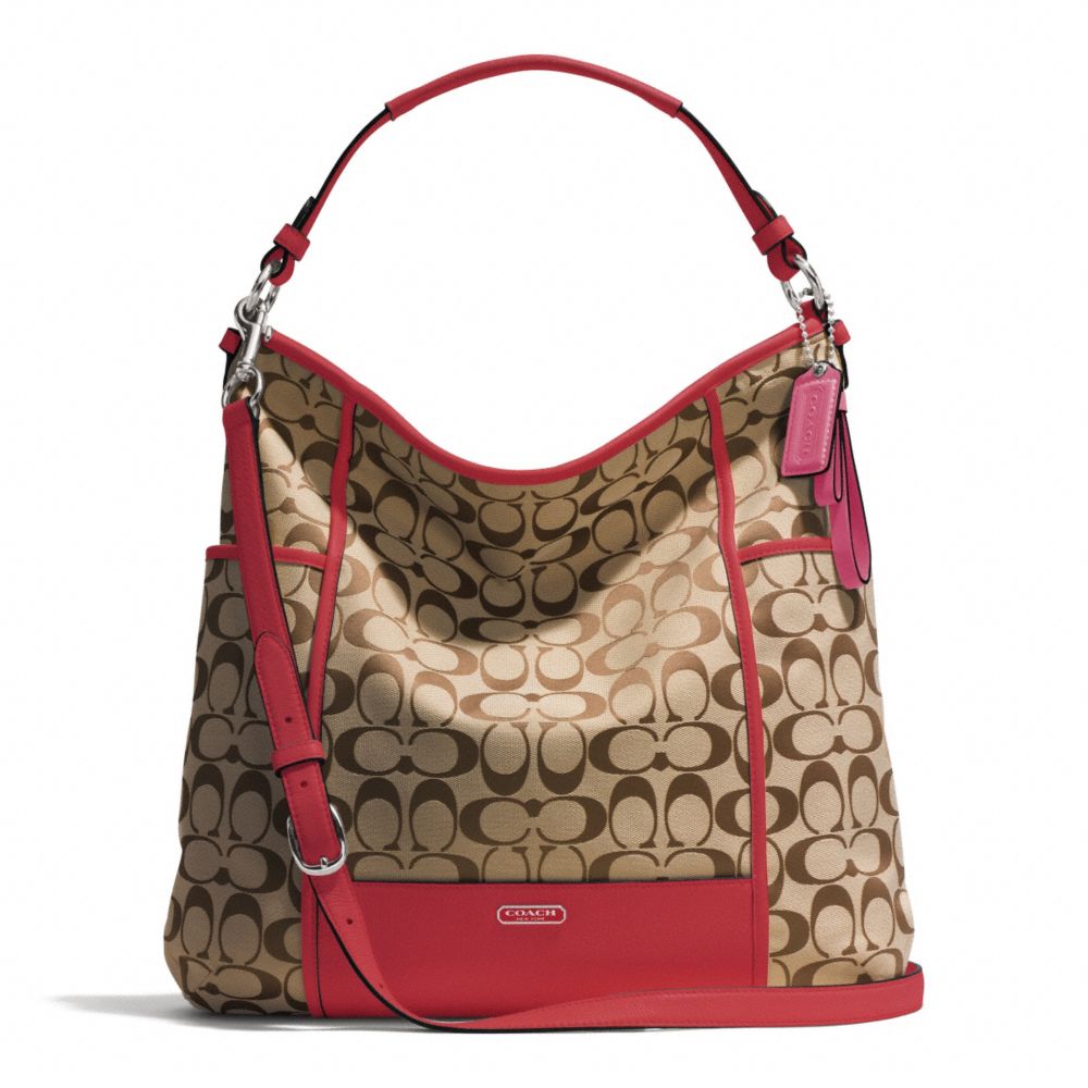 COACH PARK SIGNATURE HOBO - SILVER/KHAKI/VERMILLION - F30341