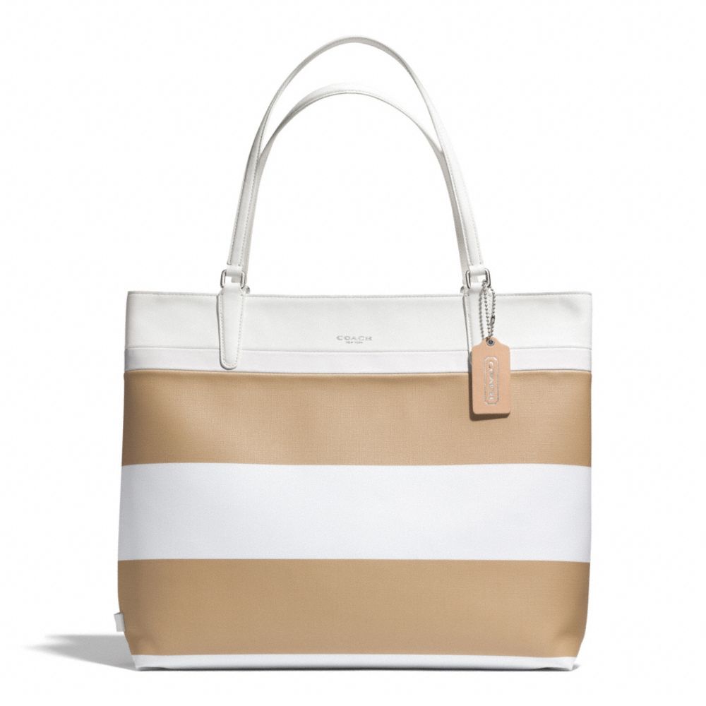 COACH STRIPED COATED CANVAS TOTE - SILVER/TAN WHITE - F30511