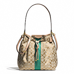 SIGNATURE STRIPE DRAWSTRING SHOULDER BAG - COACH f30581 - BRASS/KHAKI/EMERALD