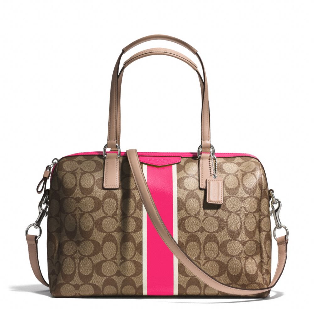 SIGNATURE STRIPE NANCY SATCHEL - COACH f30662 - SILVER/KHAKI/POMEGRANATE