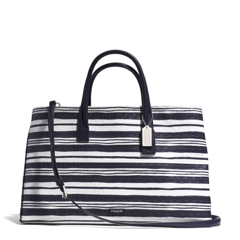 BLEECKER LARGE STUDIO TOTE IN EMBOSSED WOVEN LEATHER - COACH f31081 -  SILVER/WHITE/ULTRA NAVY