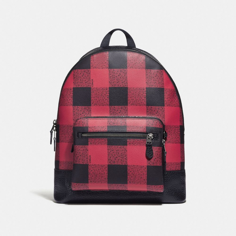 COACH WEST BACKPACK WITH BUFFALO CHECK PRINT - RED MULTI/BLACK ANTIQUE NICKEL - F31291