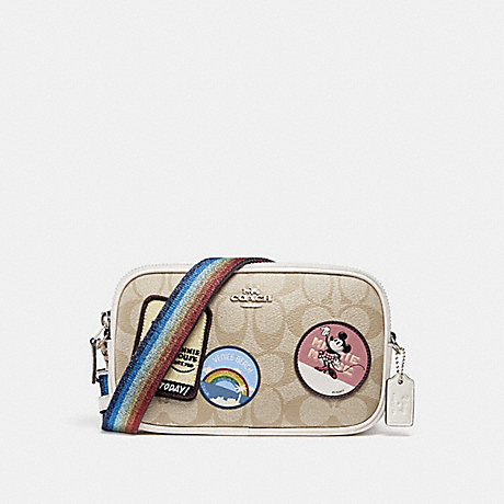 COACH CROSSBODY POUCH IN SIGNATURE CANVAS WITH MINNIE MOUSE PATCHES - SILVER/LIGHT KHAKI/CHALK - f31349