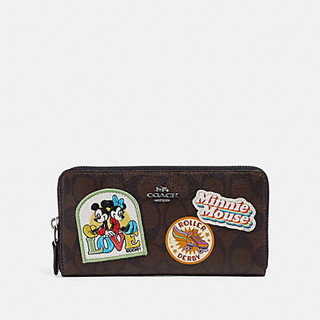 COACH ACCORDION ZIP WALLET IN SIGNATURE CANVAS WITH MINNIE MOUSE PATCHES - BROWN/BLACK/BLACK ANTIQUE NICKEL - f31350