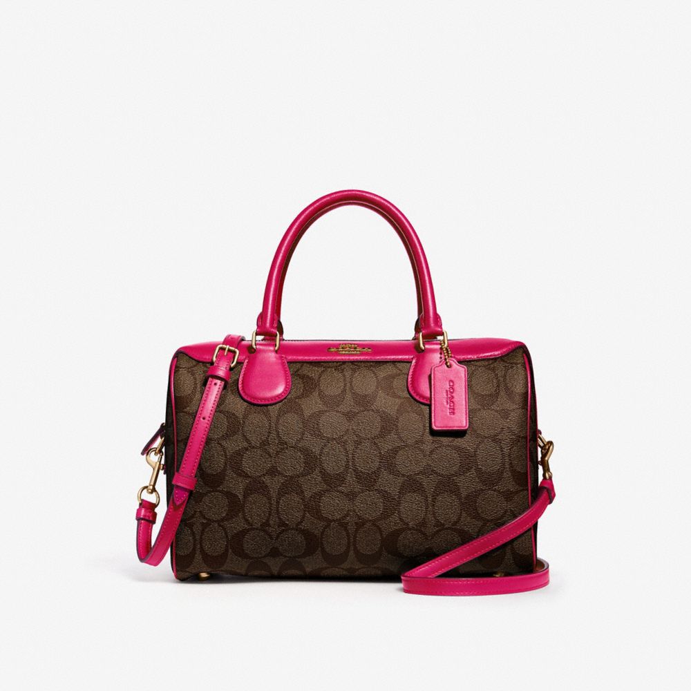 COACH LARGE BENNETT SATCHEL IN SIGNATURE CANVAS - BROWN/NEON PINK/LIGHT GOLD - F31383