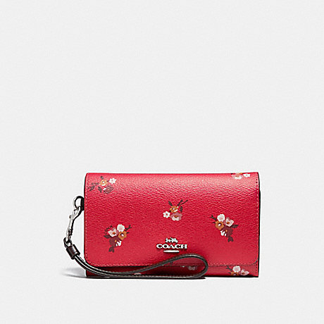 COACH FLAP PHONE WALLET WITH BABY BOUQUET PRINT - BRIGHT RED MULTI /SILVER - f31575