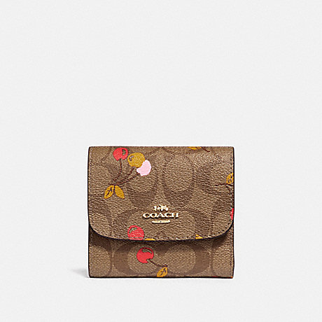 COACH SMALL WALLET IN SIGNATURE CANVAS WITH CHERRY PRINT - KHAKI MULTI /light gold - f31939