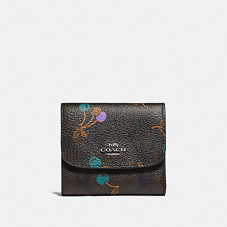 COACH SMALL WALLET IN SIGNATURE CANVAS WITH CHERRY PRINT - BROWN MULTI/SILVER - f31939