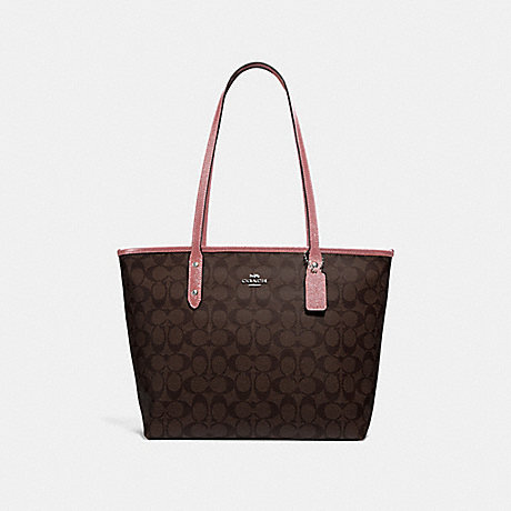 COACH CITY ZIP TOTE IN SIGNATURE CANVAS - BROWN/DUSTY ROSE/SILVER - F31974