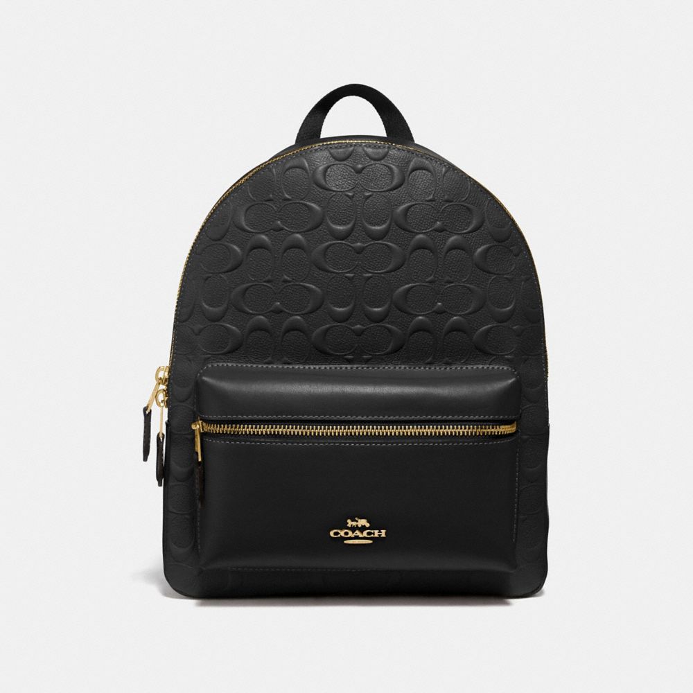 COACH MEDIUM CHARLIE BACKPACK IN SIGNATURE LEATHER - BLACK/light gold - F32083