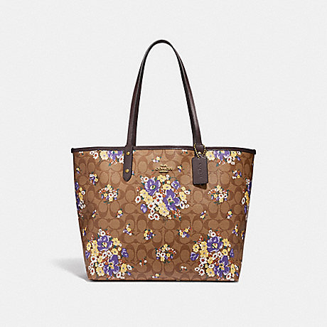 COACH REVERSIBLE CITY TOTE IN SIGNATURE CANVAS WITH MEDLEY BOUQUET PRINT - KHAKI MULTI /LIGHT GOLD - F32084