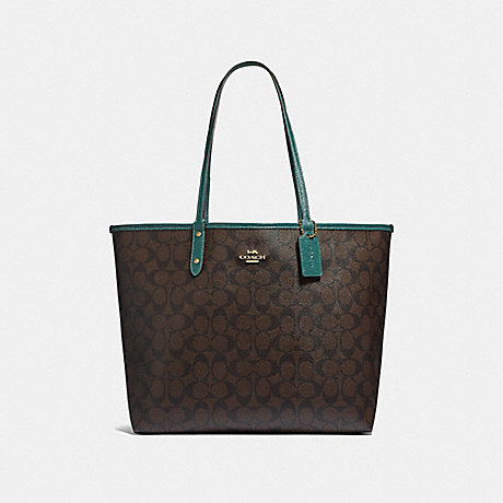 COACH REVERSIBLE CITY TOTE IN SIGNATURE CANVAS - BROWN/DARK TURQUOISE/LIGHT GOLD - F32192