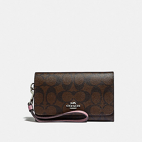 COACH FLAP PHONE WALLET IN SIGNATURE CANVAS - brown/dusty rose/silver - f32484