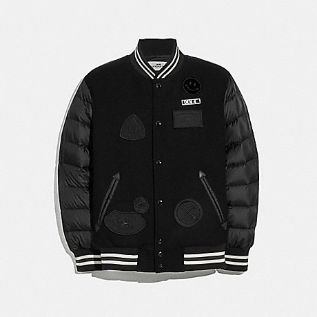 COACH DOWN VARSITY JACKET WITH PATCHES - BLACK - F33824