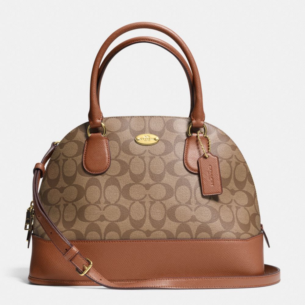 COACH CORA DOMED SATCHEL IN SIGNATURE COATED CANVAS - LIGHT GOLD/KHAKI/SADDLE - F33904