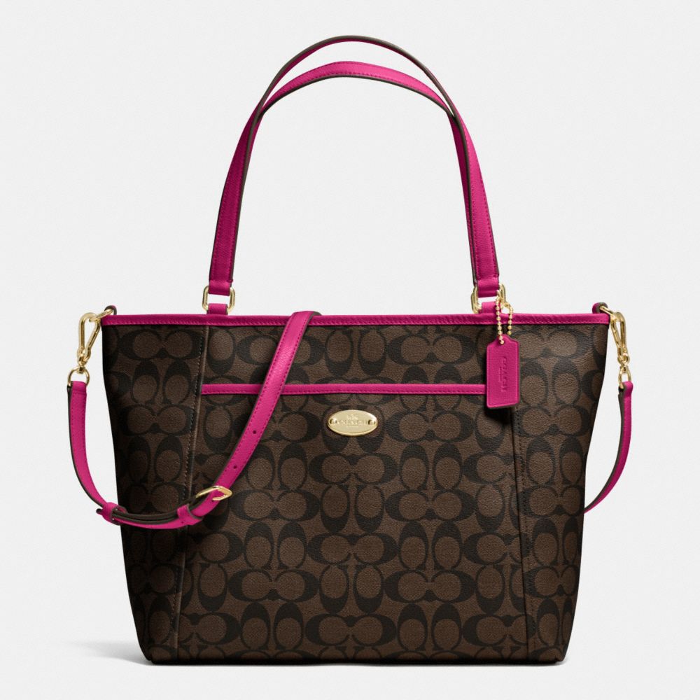 POCKET TOTE IN SIGNATURE - COACH f33998 - IMITATION GOLD/BROWN/CRANBERRY