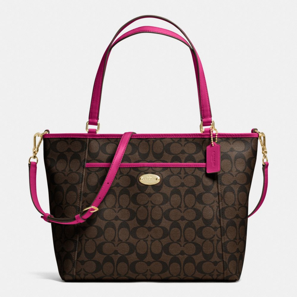 COACH POCKET TOTE IN SIGNATURE - IMITATION GOLD/BROWN/CRANBERRY - F33998