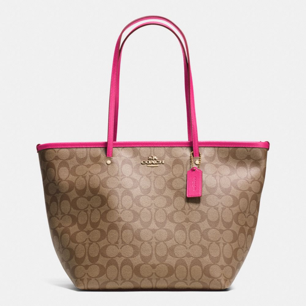 ZIP STREET TOTE IN SIGNATURE CANVAS - COACH f34104 -  LIGHT GOLD/KHAKI/PINK RUBY