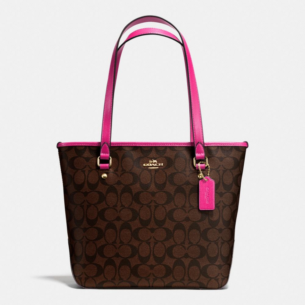 ZIP TOP TOTE IN SIGNATURE CANVAS - COACH f34603 - IMITATION GOLD/BROWN/PINK RUBY