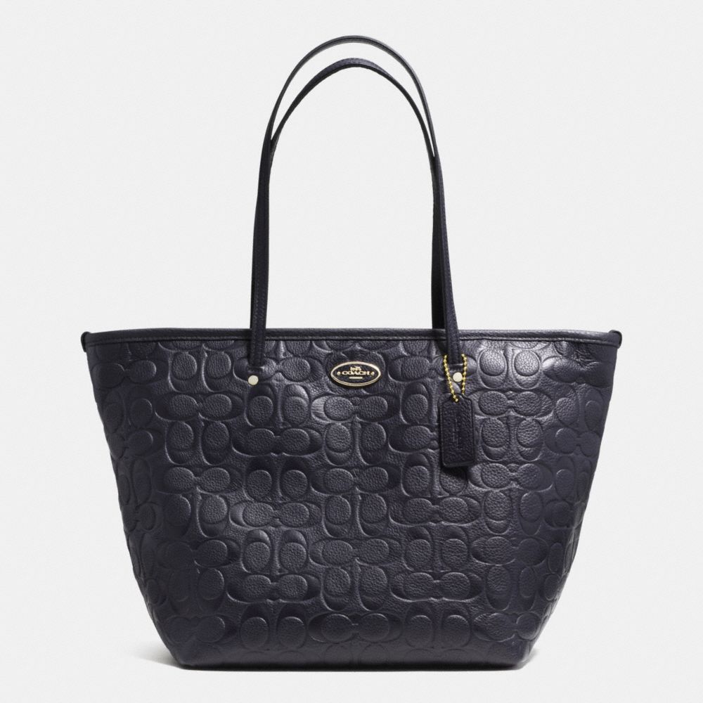 COACH SIGNATURE EMBOSSED PEBBLE LEATHER STREET ZIP TOTE - LIGHT GOLD/MIDNIGHT - F34712